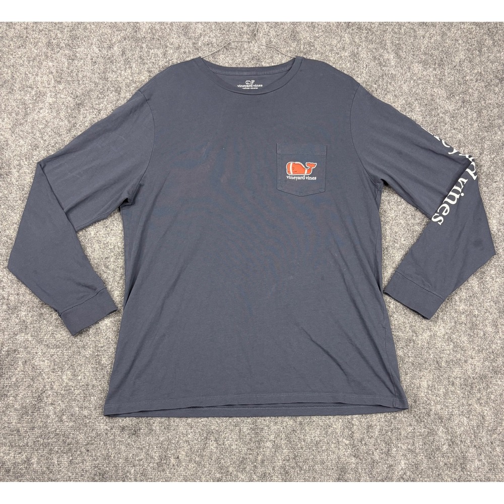 Vineyard Vines Mens Large Blue Long Sleeve Football Whale Pocket T-Shirt Cotton